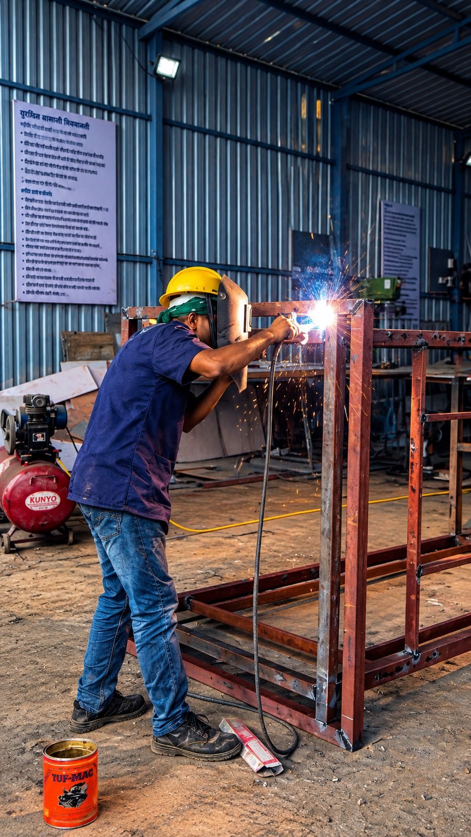 Welder fabricating a steel frame at the Globle Systems facility